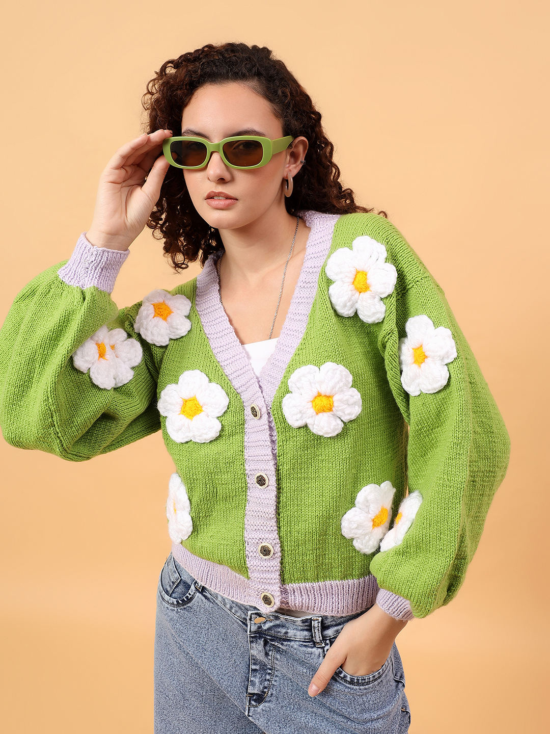 Oversized Knitted Floral Cardigan - Green