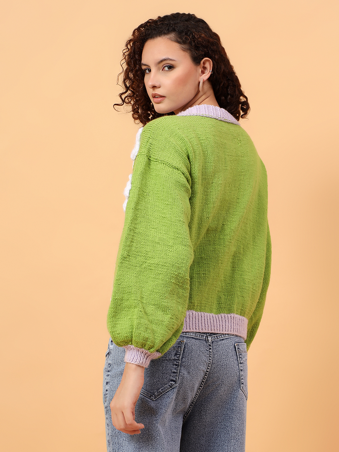 Oversized Knitted Floral Cardigan - Green