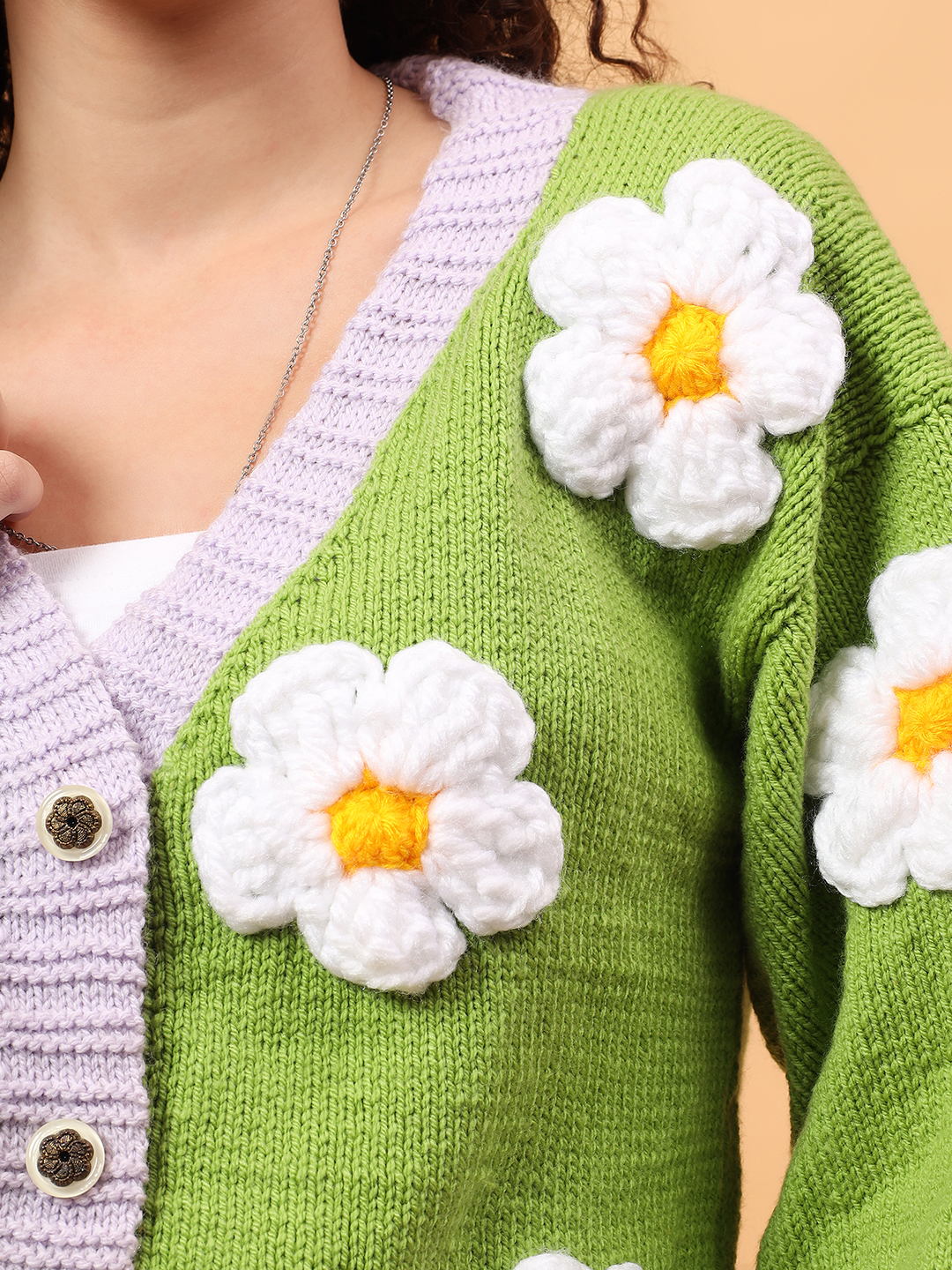 Oversized Knitted Floral Cardigan - Green