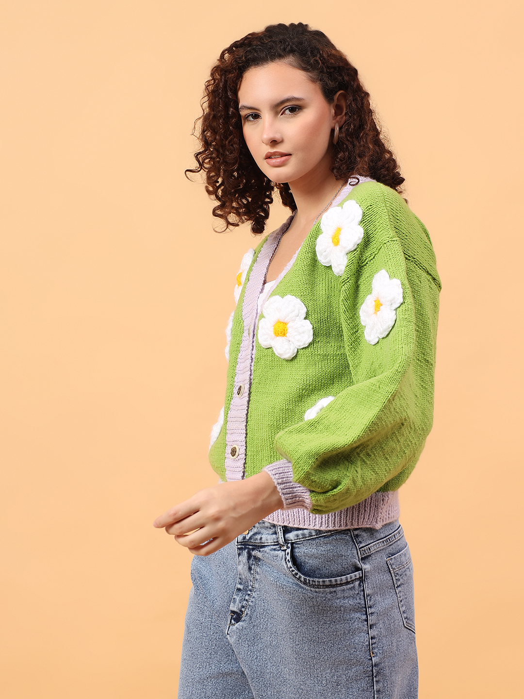 Oversized Knitted Floral Cardigan - Green