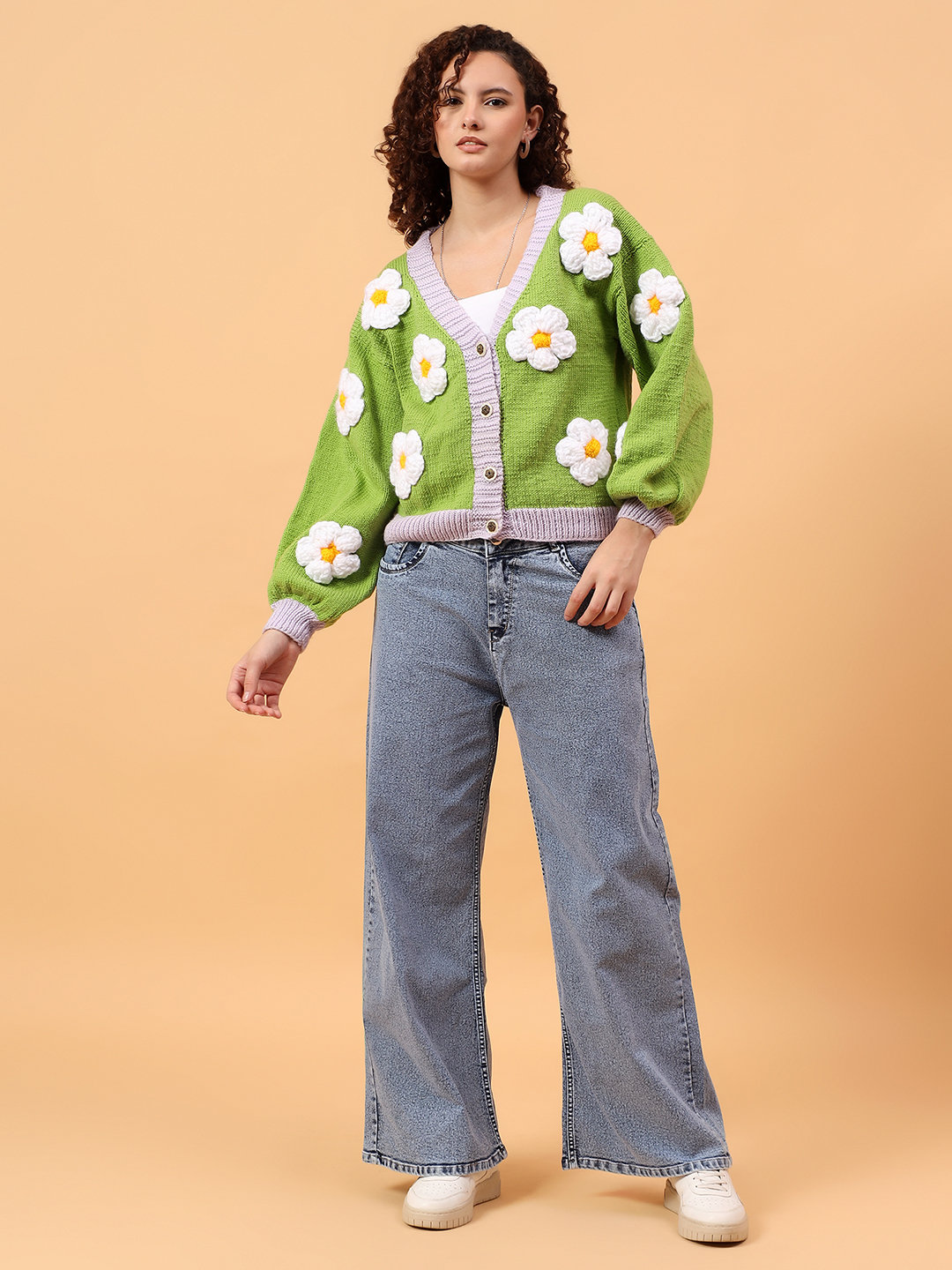 Oversized Knitted Floral Cardigan - Green