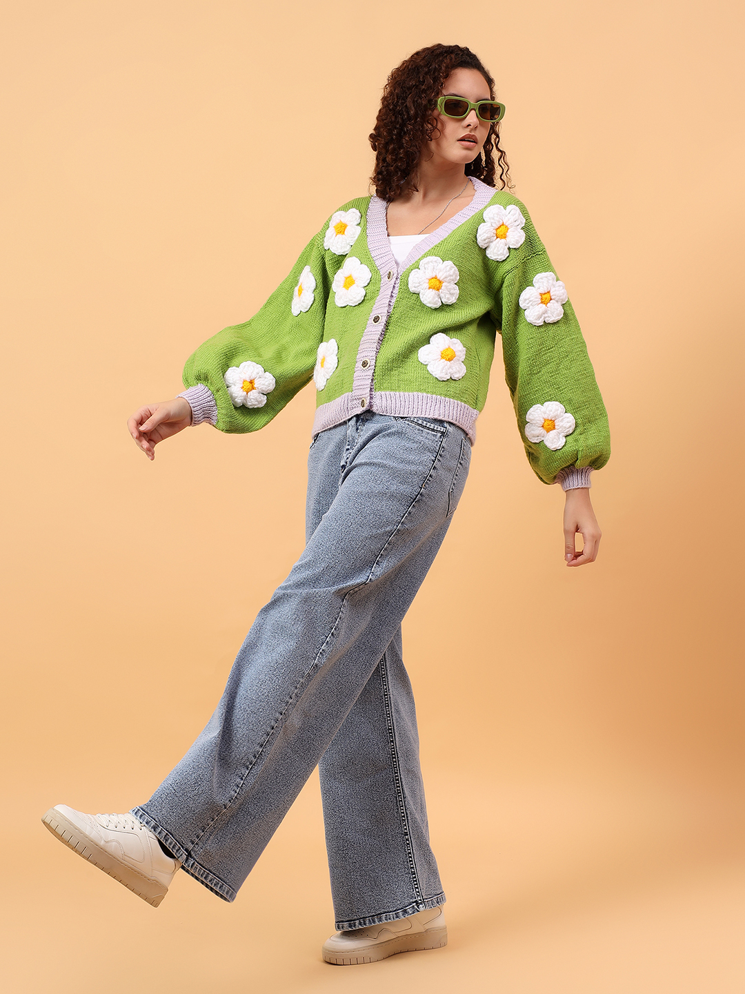 Oversized Knitted Floral Cardigan - Green