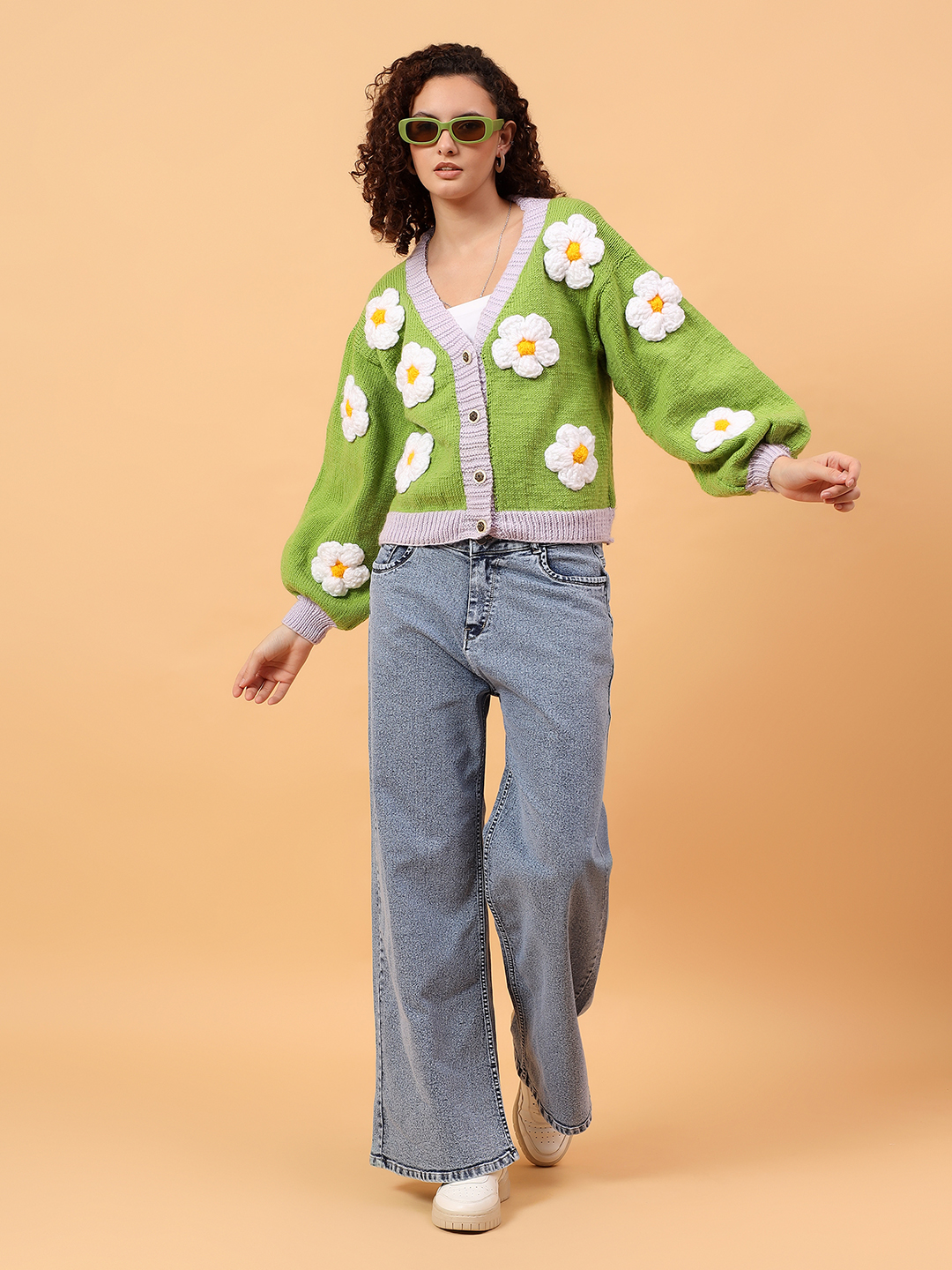 Oversized Knitted Floral Cardigan - Green