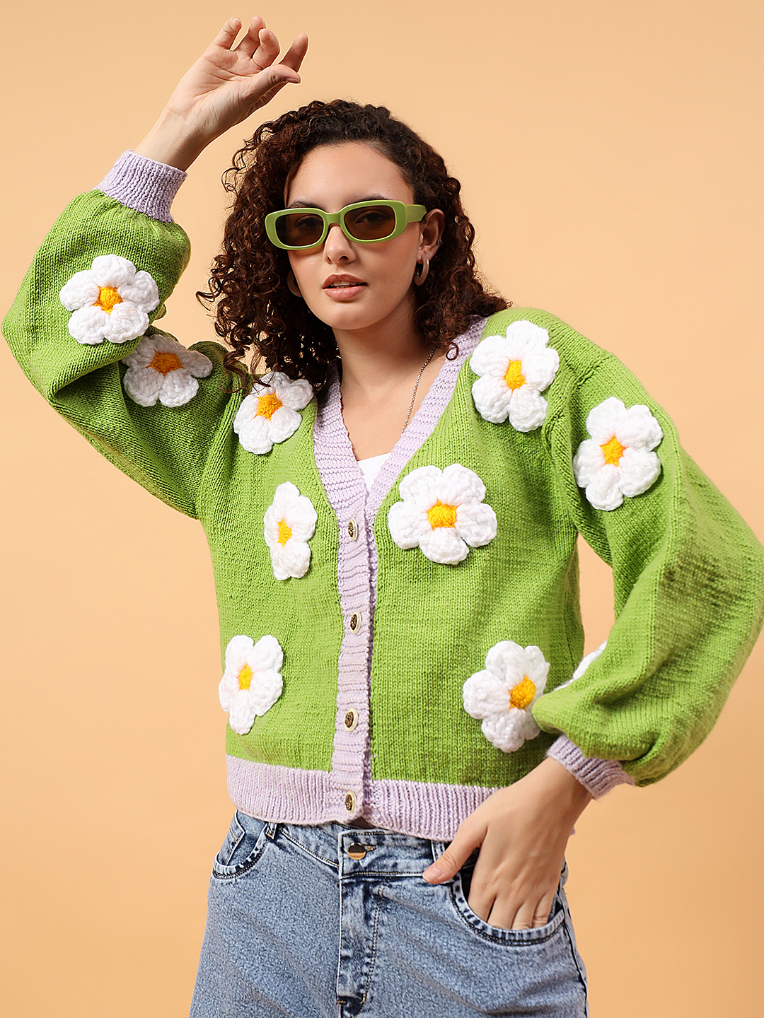 Oversized Knitted Floral Cardigan - Green
