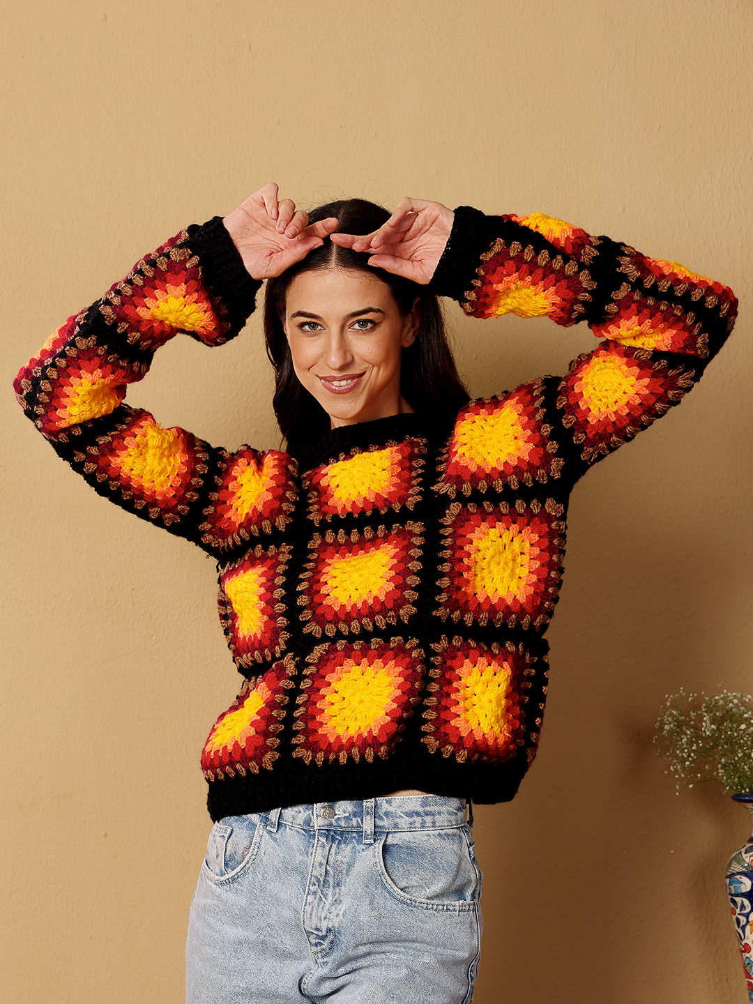 Crochet Baggy Fire Sweater - Black