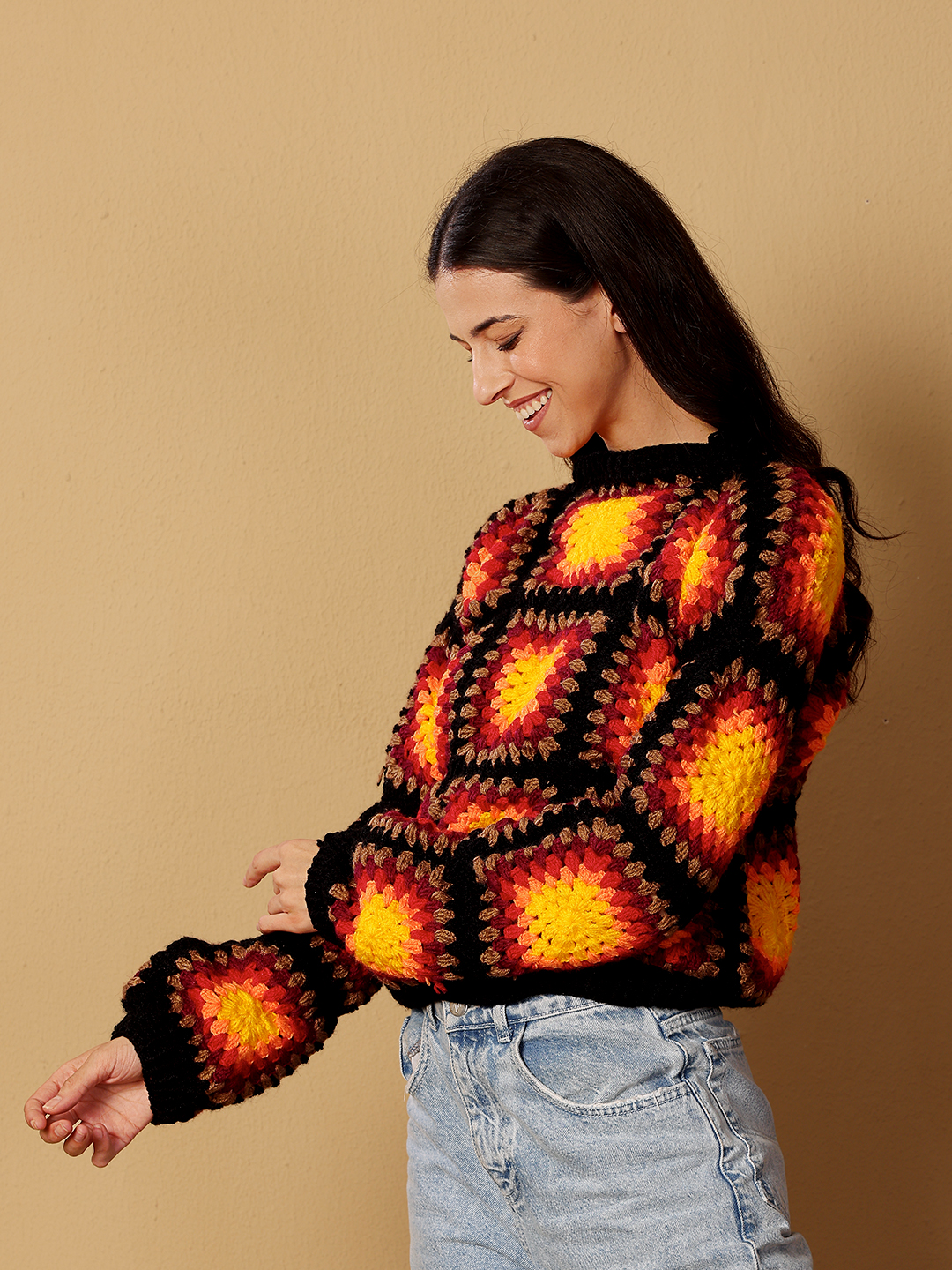 Crochet Baggy Fire Sweater - Black