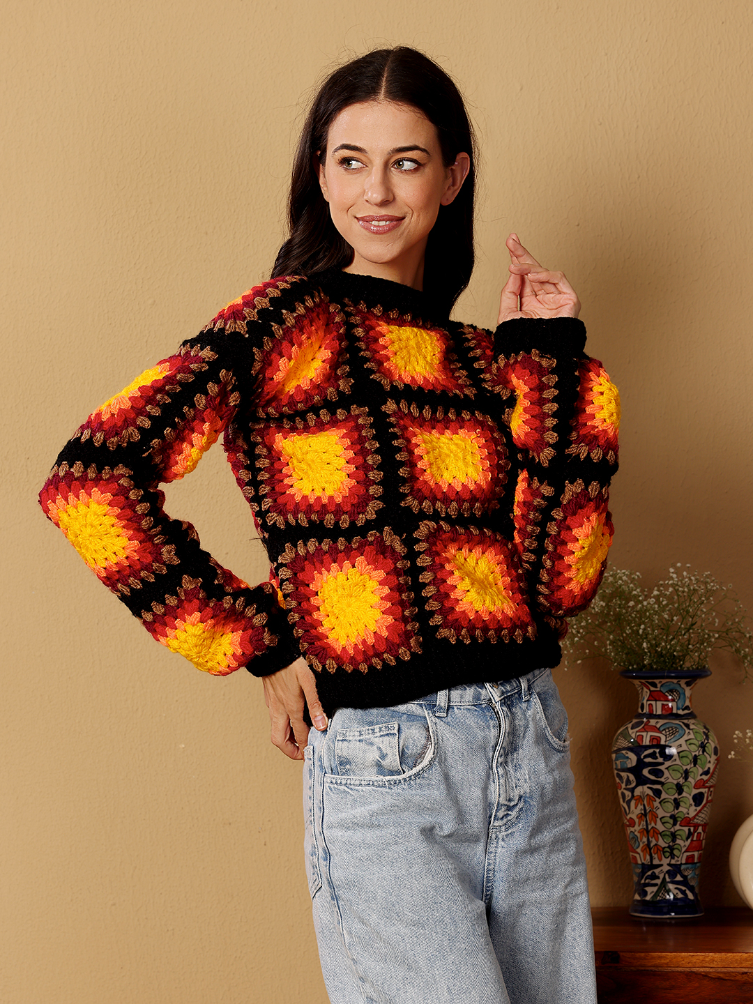 Crochet Baggy Fire Sweater - Black