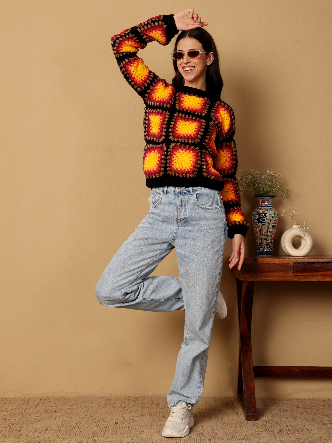 Crochet Baggy Fire Sweater - Black