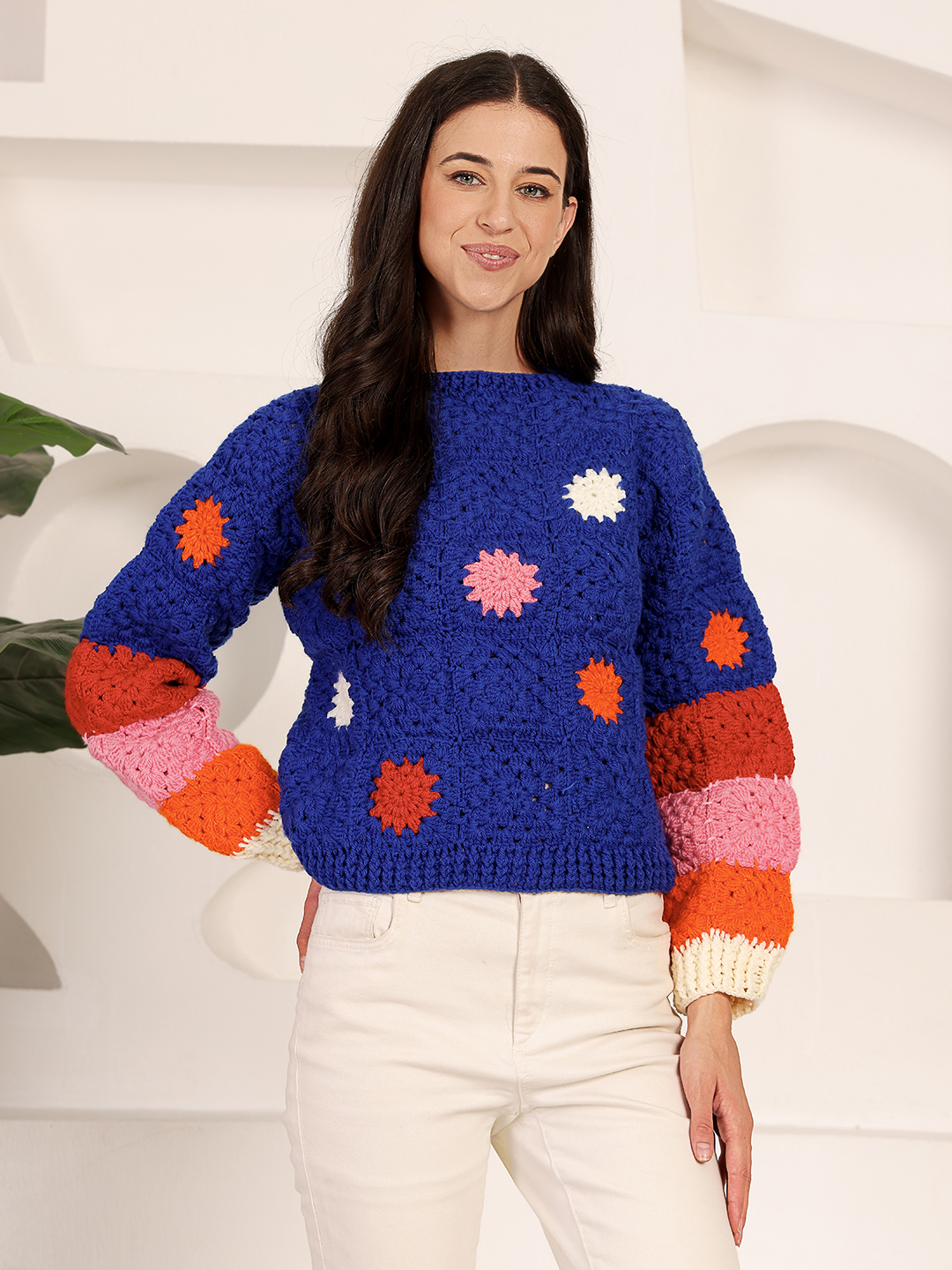 Velvery Crochet Oversized Pullover Sweater - Blue