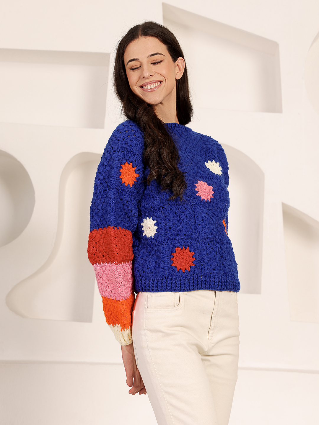 Velvery Crochet Oversized Pullover Sweater - Blue