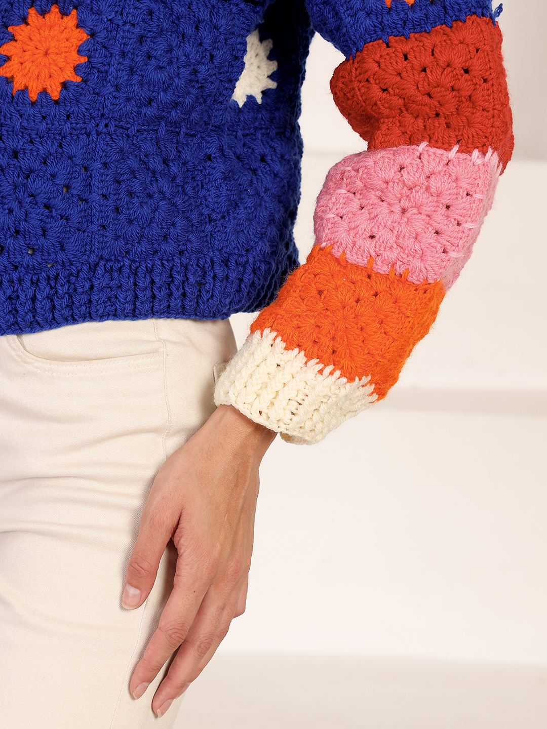 Velvery Crochet Oversized Pullover Sweater - Blue