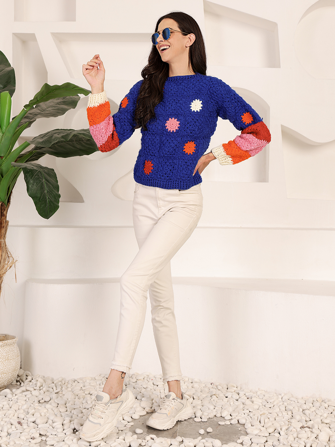Velvery Crochet Oversized Pullover Sweater - Blue