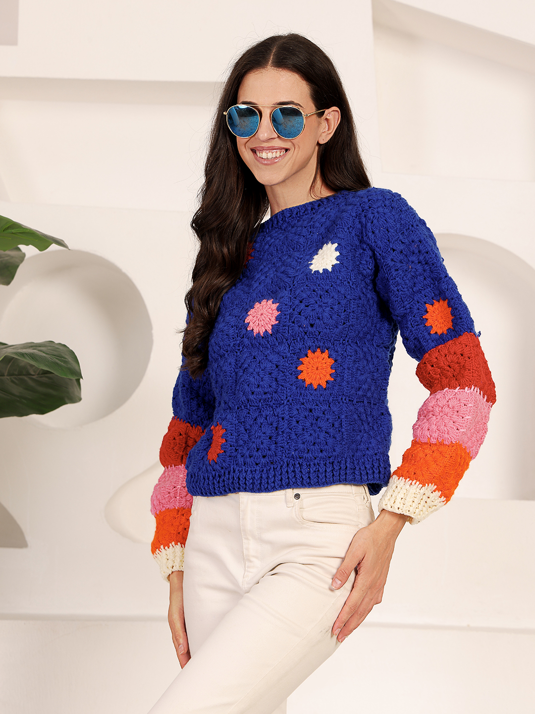 Velvery Crochet Oversized Pullover Sweater - Blue