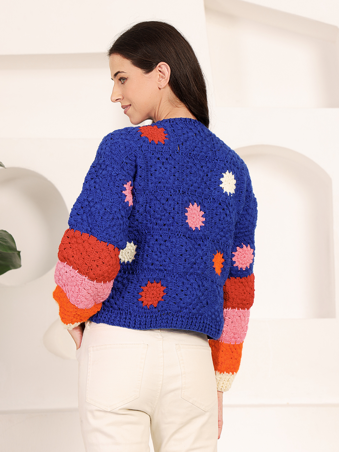 Velvery Crochet Oversized Pullover Sweater - Blue