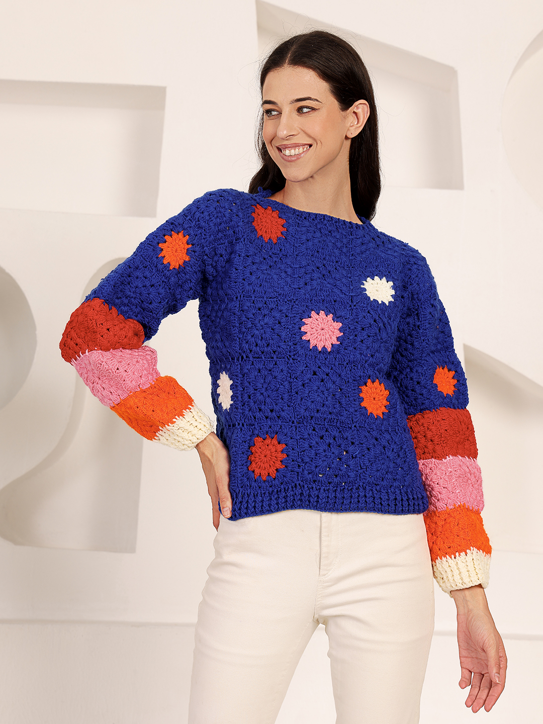 Velvery Crochet Oversized Pullover Sweater - Blue