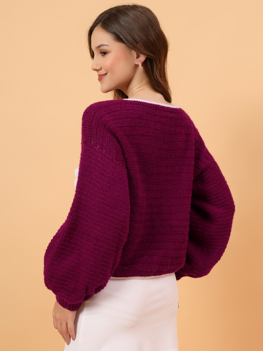 Big 3D Crochet Daisy Cardigan - Maroon