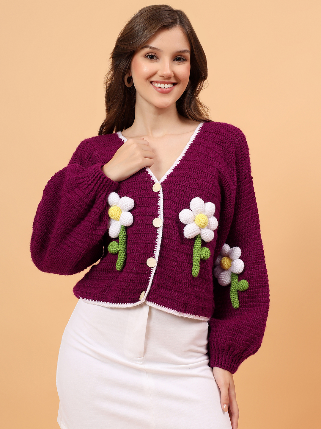 Big 3D Crochet Daisy Cardigan - Maroon