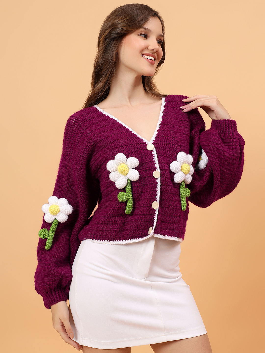 Big 3D Crochet Daisy Cardigan - Maroon