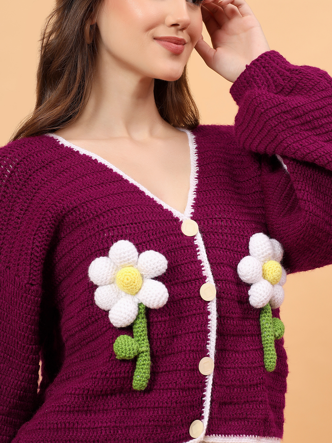 Big 3D Crochet Daisy Cardigan - Maroon