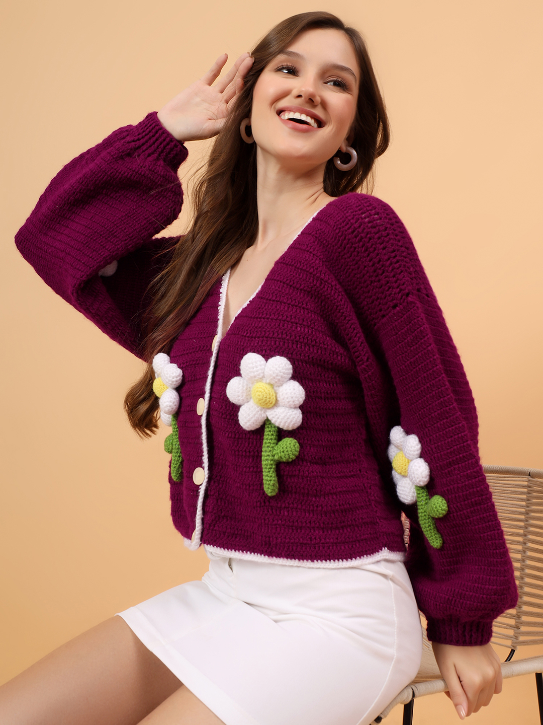Big 3D Crochet Daisy Cardigan - Maroon