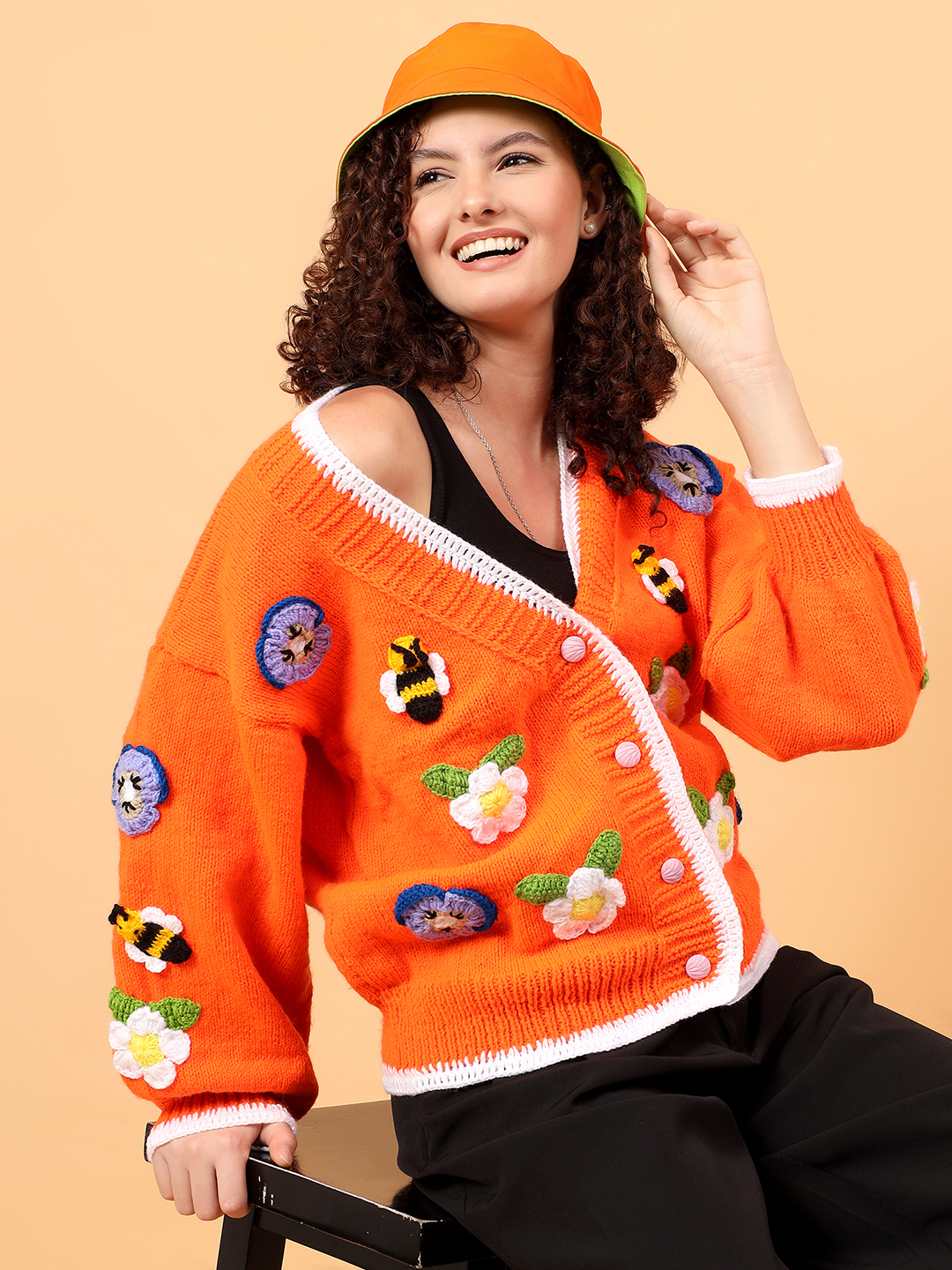 Velvery Daisy Pansy Bee Cardigan witth Frilled Edge