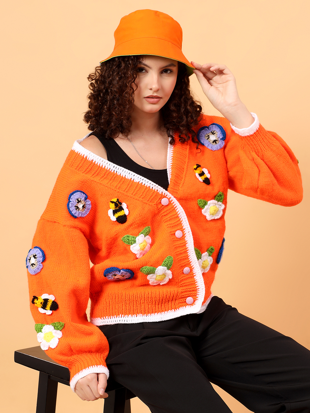 Velvery Daisy Pansy Bee Cardigan witth Frilled Edge