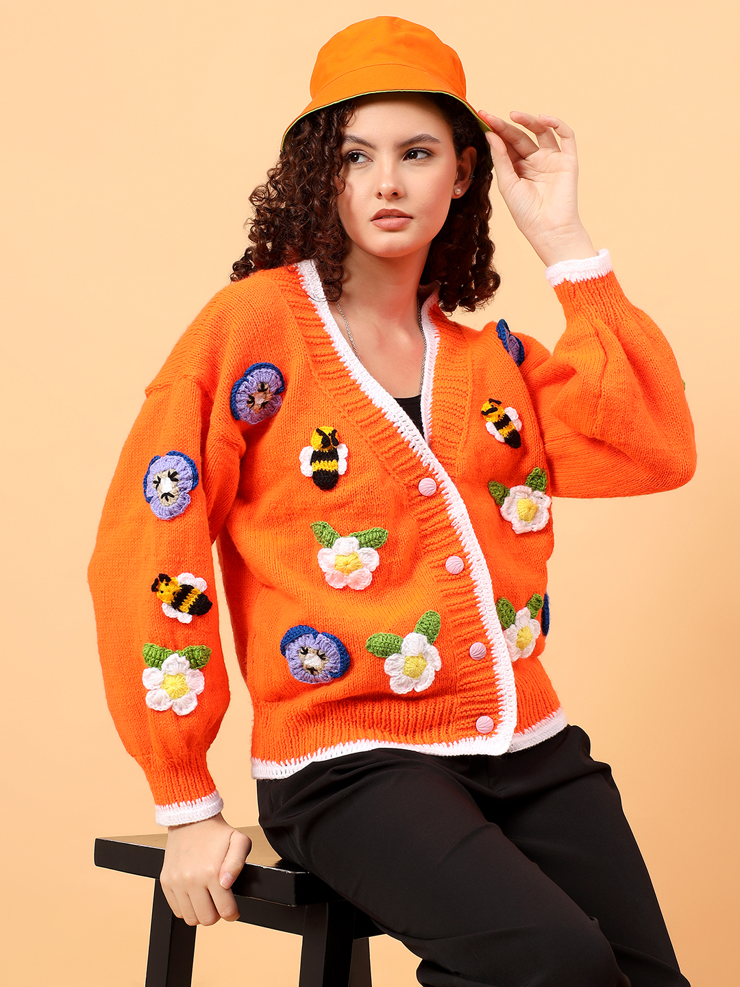 Velvery Daisy Pansy Bee Cardigan witth Frilled Edge