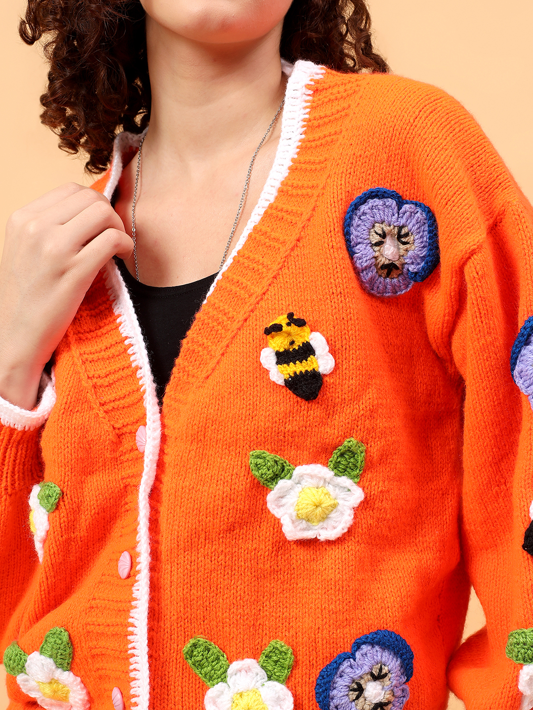 Velvery Daisy Pansy Bee Cardigan witth Frilled Edge