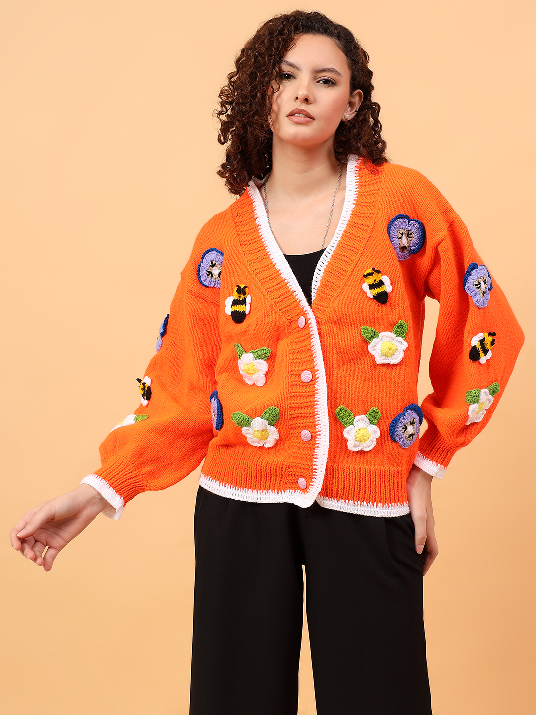 Velvery Daisy Pansy Bee Cardigan witth Frilled Edge