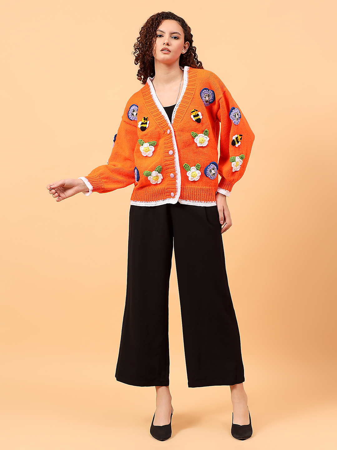 Velvery Daisy Pansy Bee Cardigan witth Frilled Edge