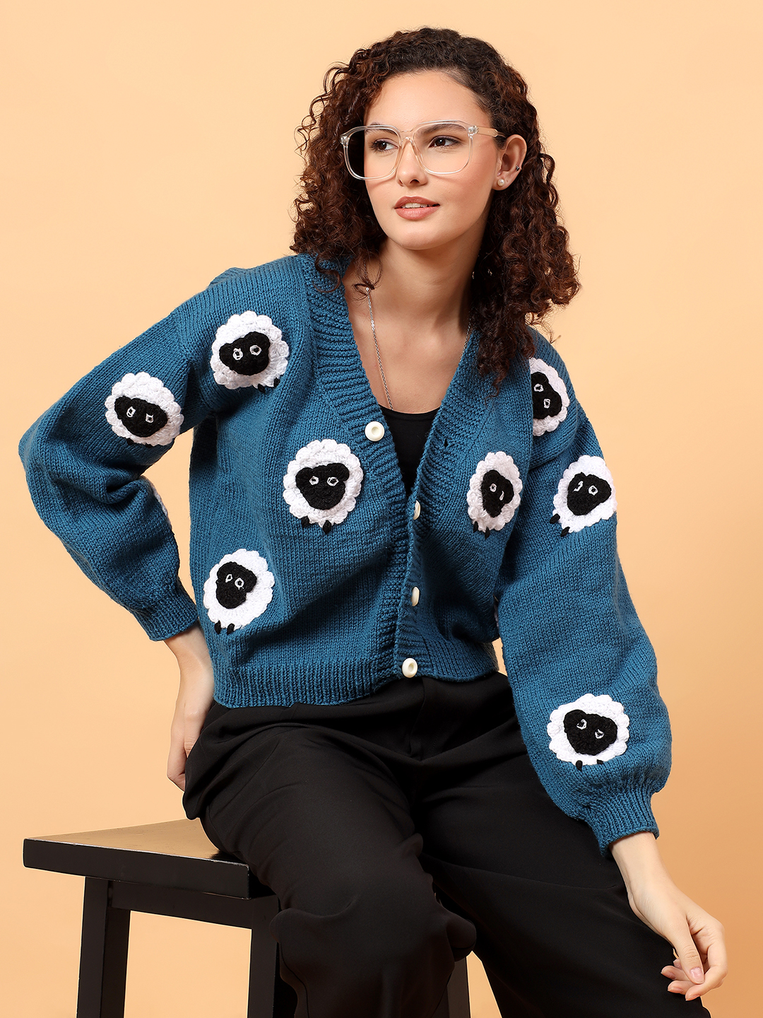 Velvery Knitted Sheep Cardigan - Blue