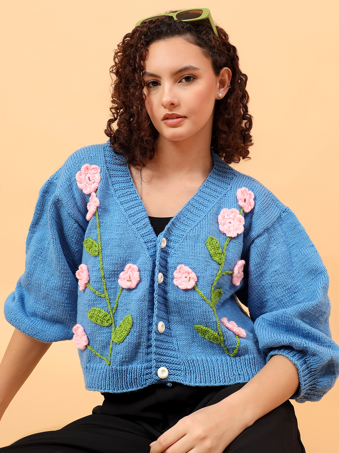 Velvery Knitted Floral Embroidery V-Neck Cardigan - Blue