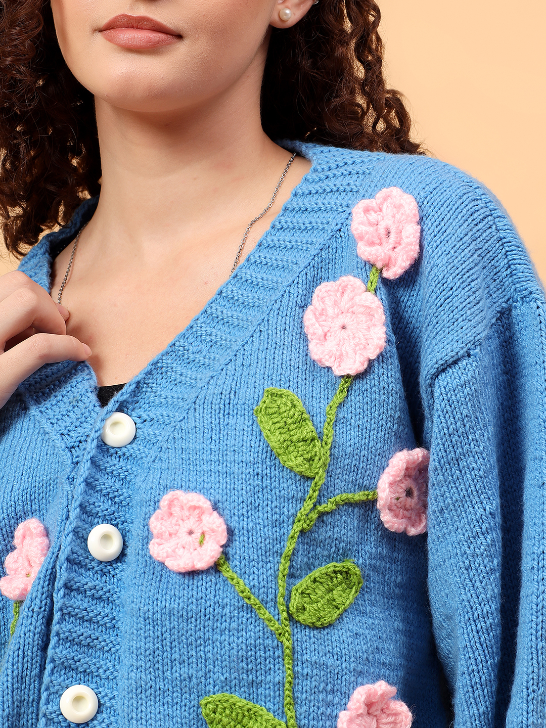 Velvery Knitted Floral Embroidery V-Neck Cardigan - Blue