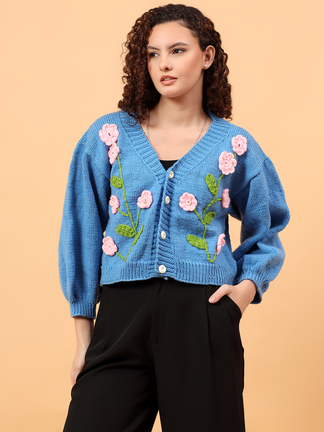 Velvery Knitted Floral Embroidery V-Neck Cardigan - Blue