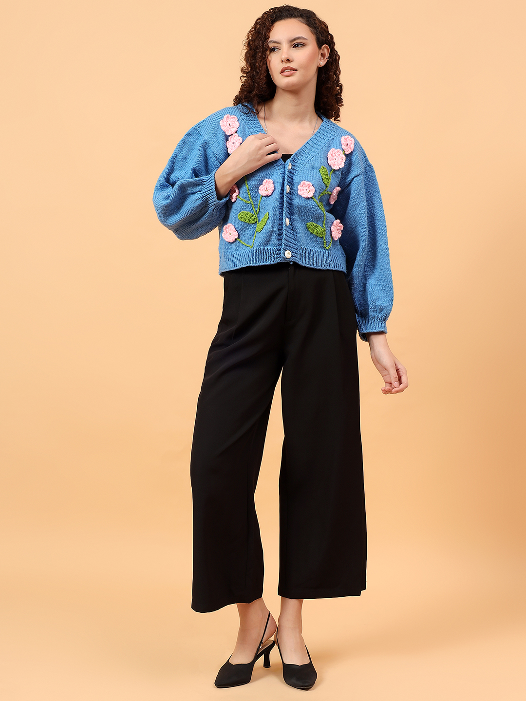 Velvery Knitted Floral Embroidery V-Neck Cardigan - Blue
