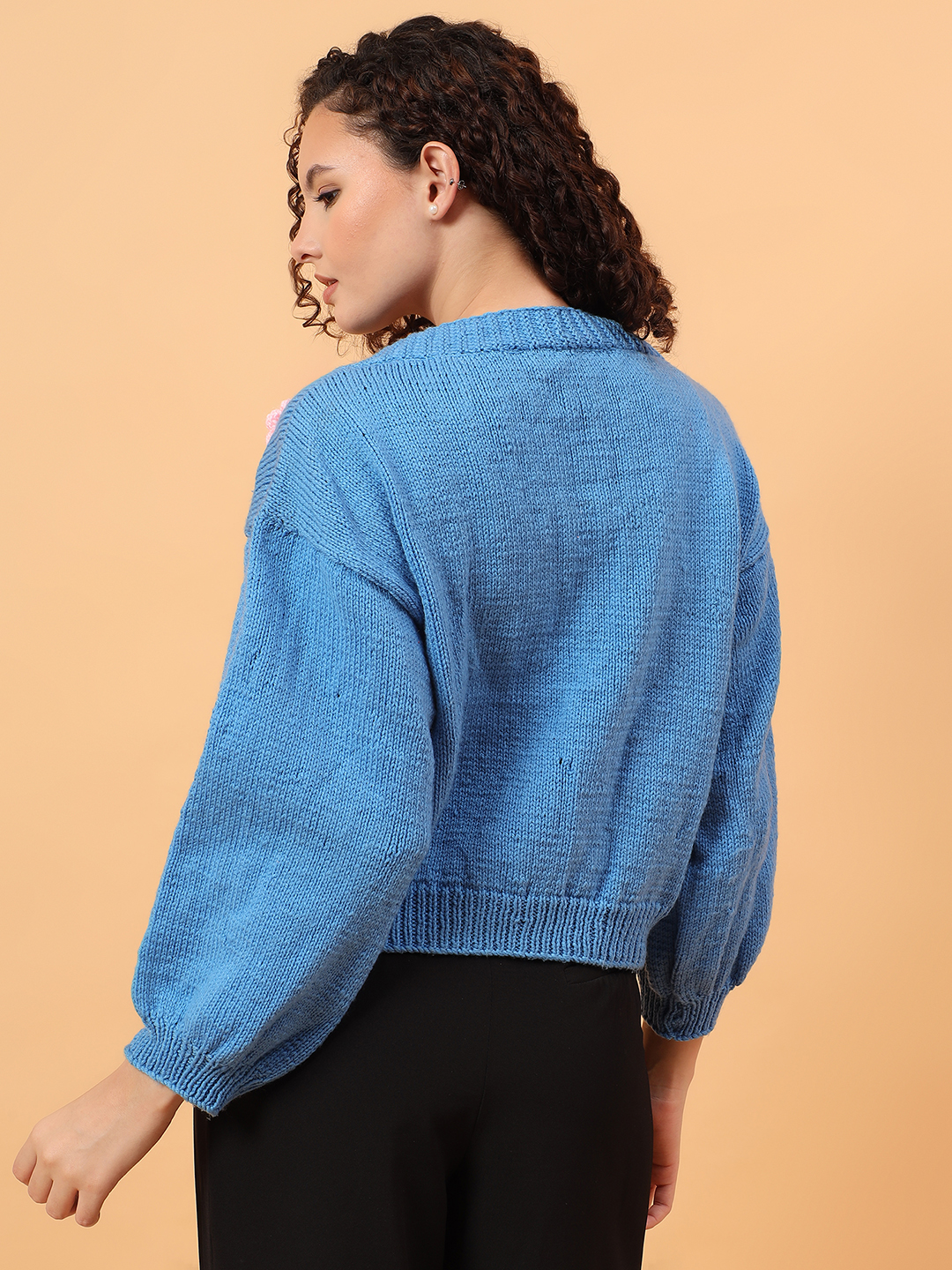 Velvery Knitted Floral Embroidery V-Neck Cardigan - Blue