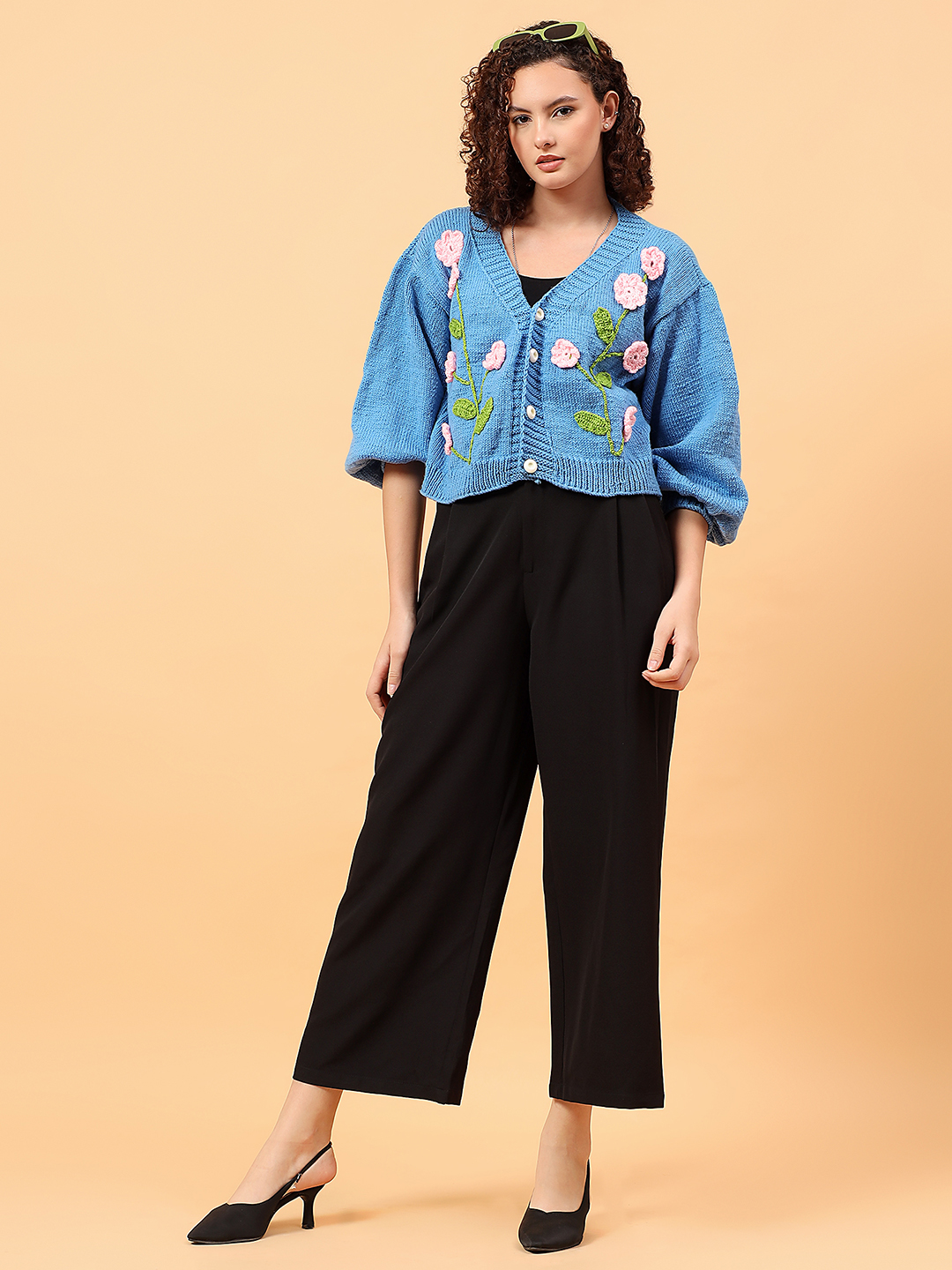 Velvery Knitted Floral Embroidery V-Neck Cardigan - Blue