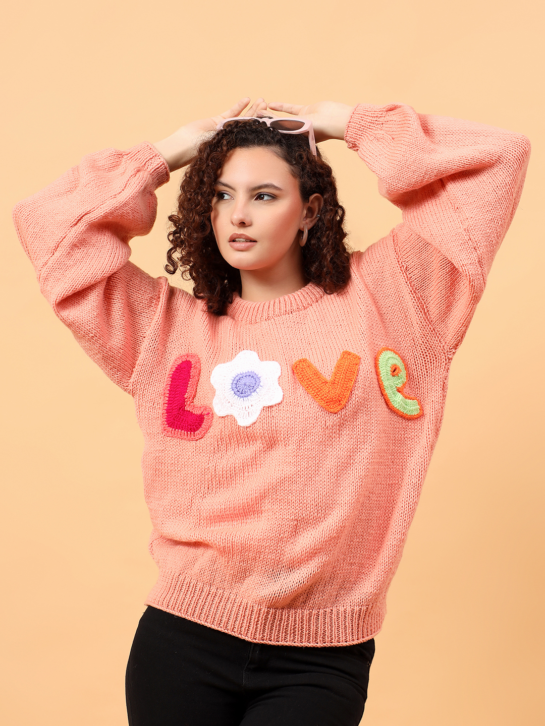 Velvery Round Neck Personalized Love Sweater - Peach