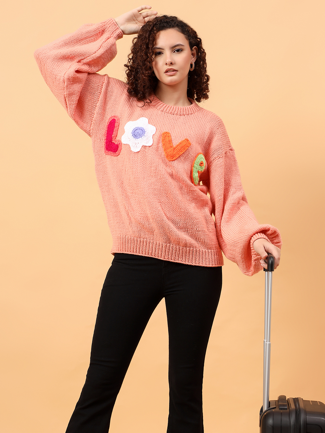 Velvery Round Neck Personalized Love Sweater - Peach