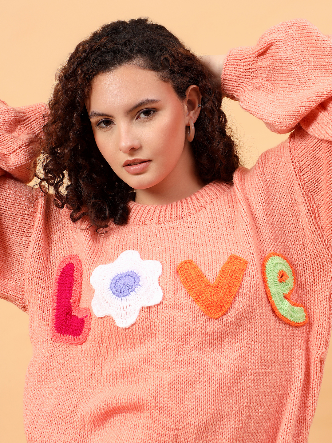 Velvery Round Neck Personalized Love Sweater - Peach