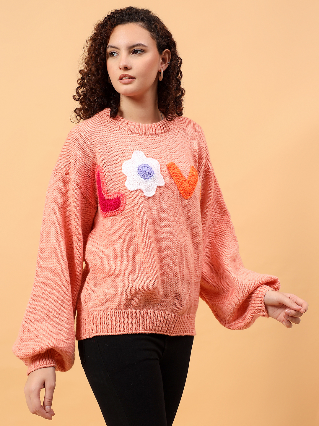 Velvery Round Neck Personalized Love Sweater - Peach