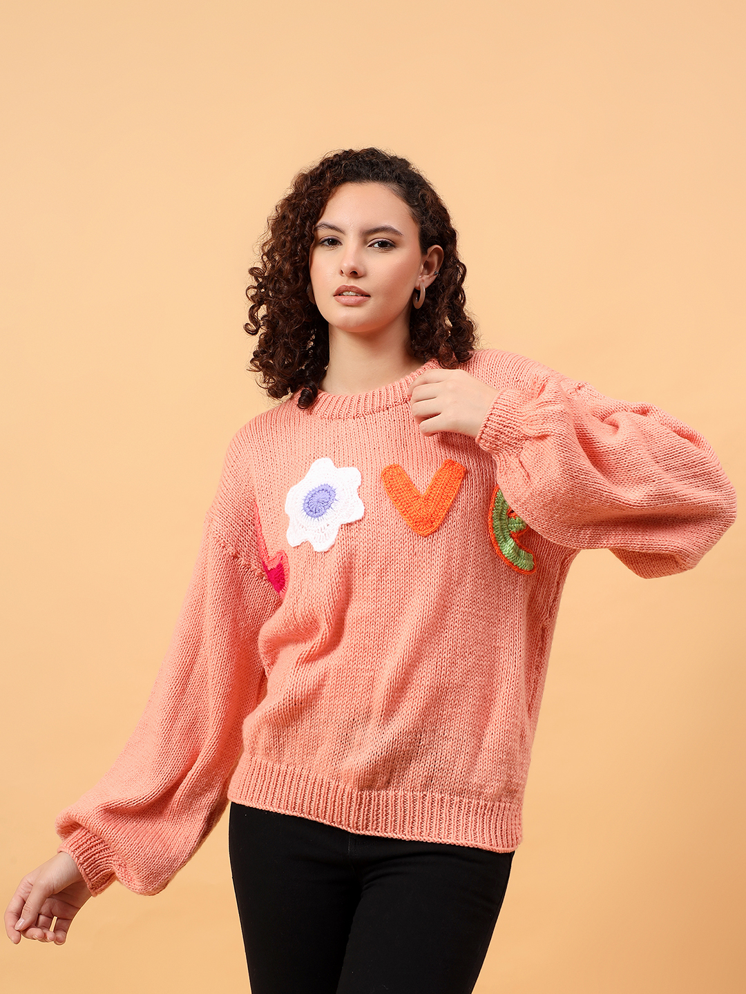 Velvery Round Neck Personalized Love Sweater - Peach