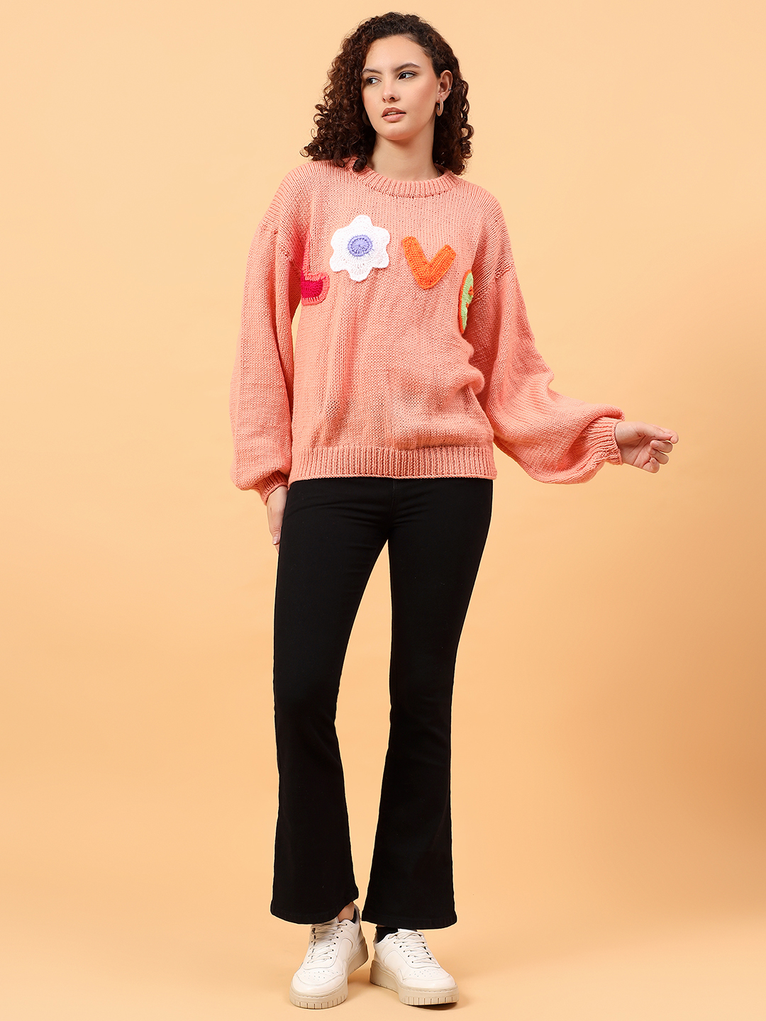 Velvery Round Neck Personalized Love Sweater - Peach