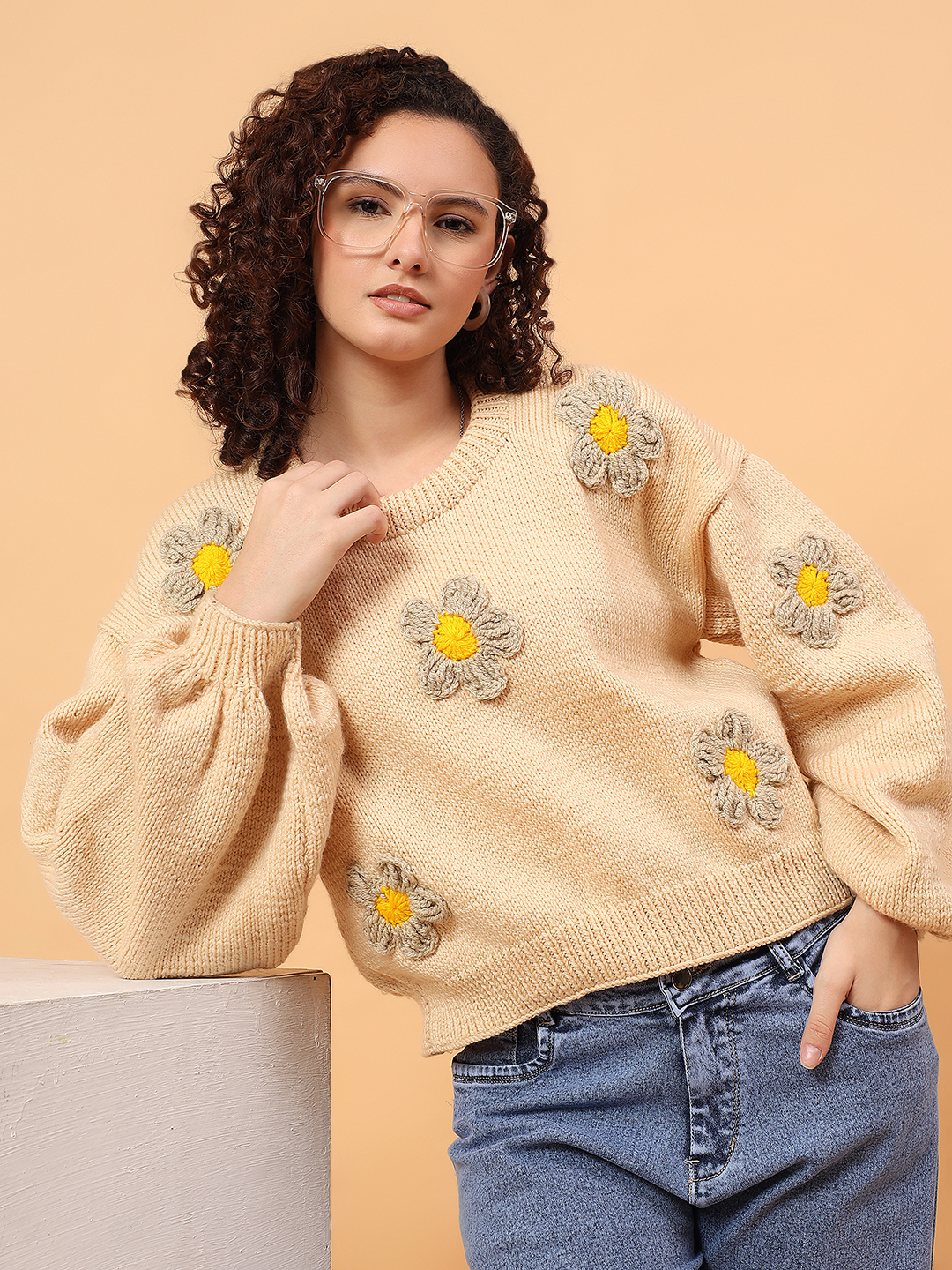 Velvery Floral Applique Sweater - Beige