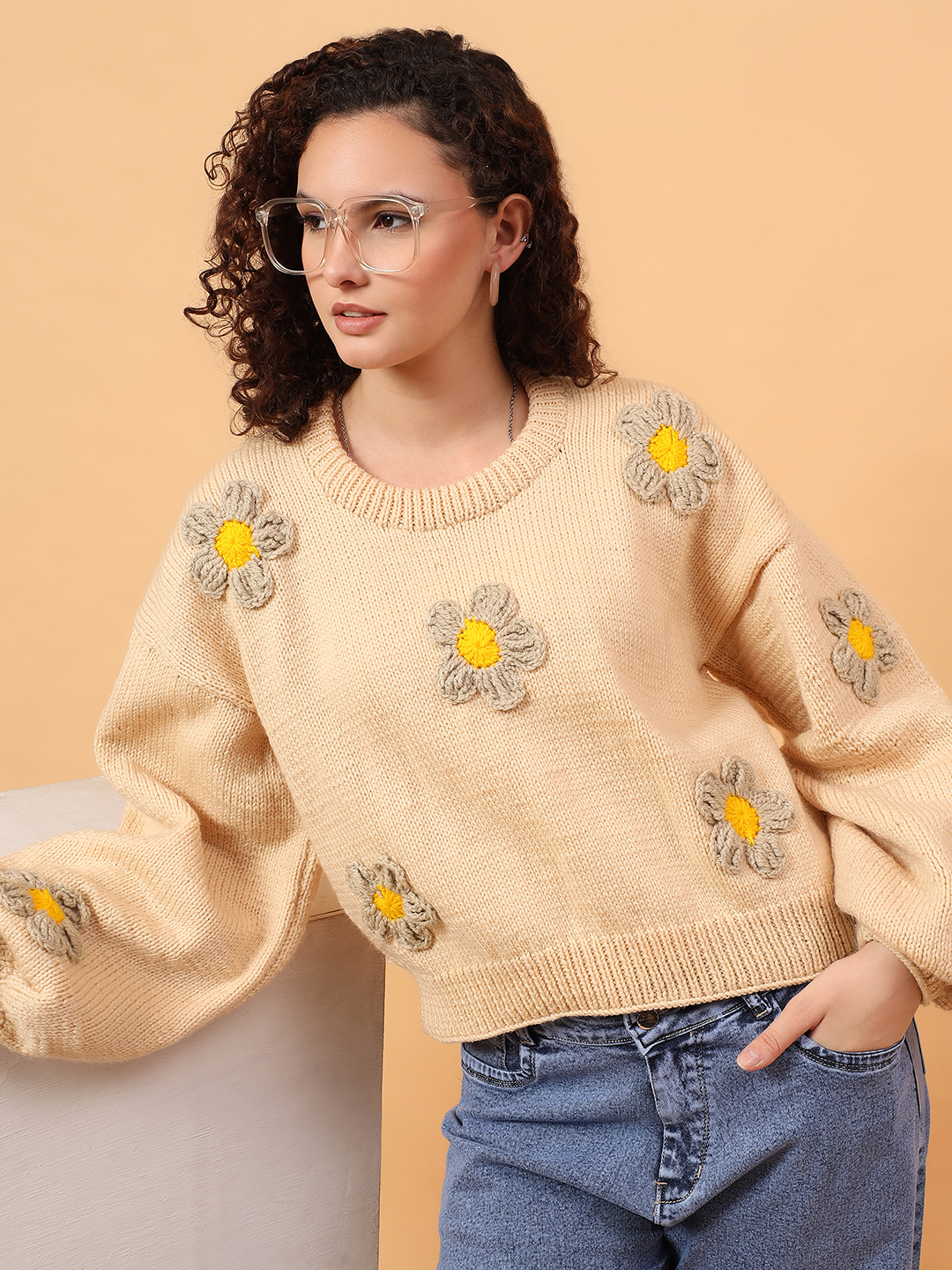 Velvery Floral Applique Sweater - Beige