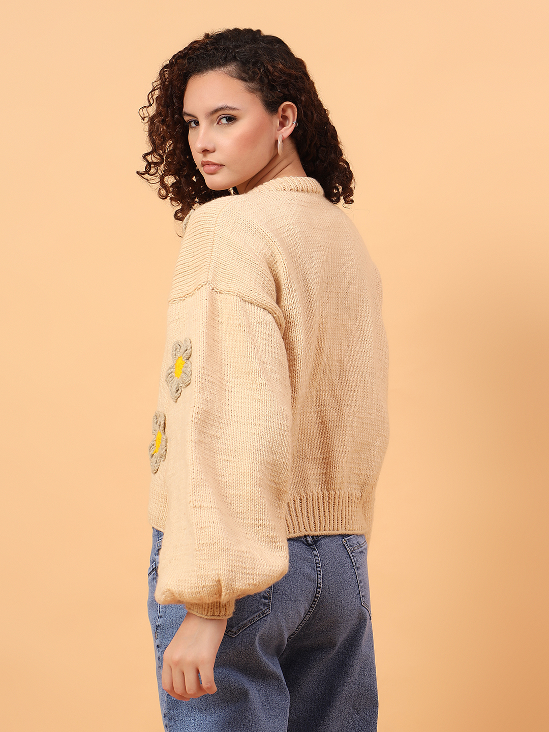 Velvery Floral Applique Sweater - Beige