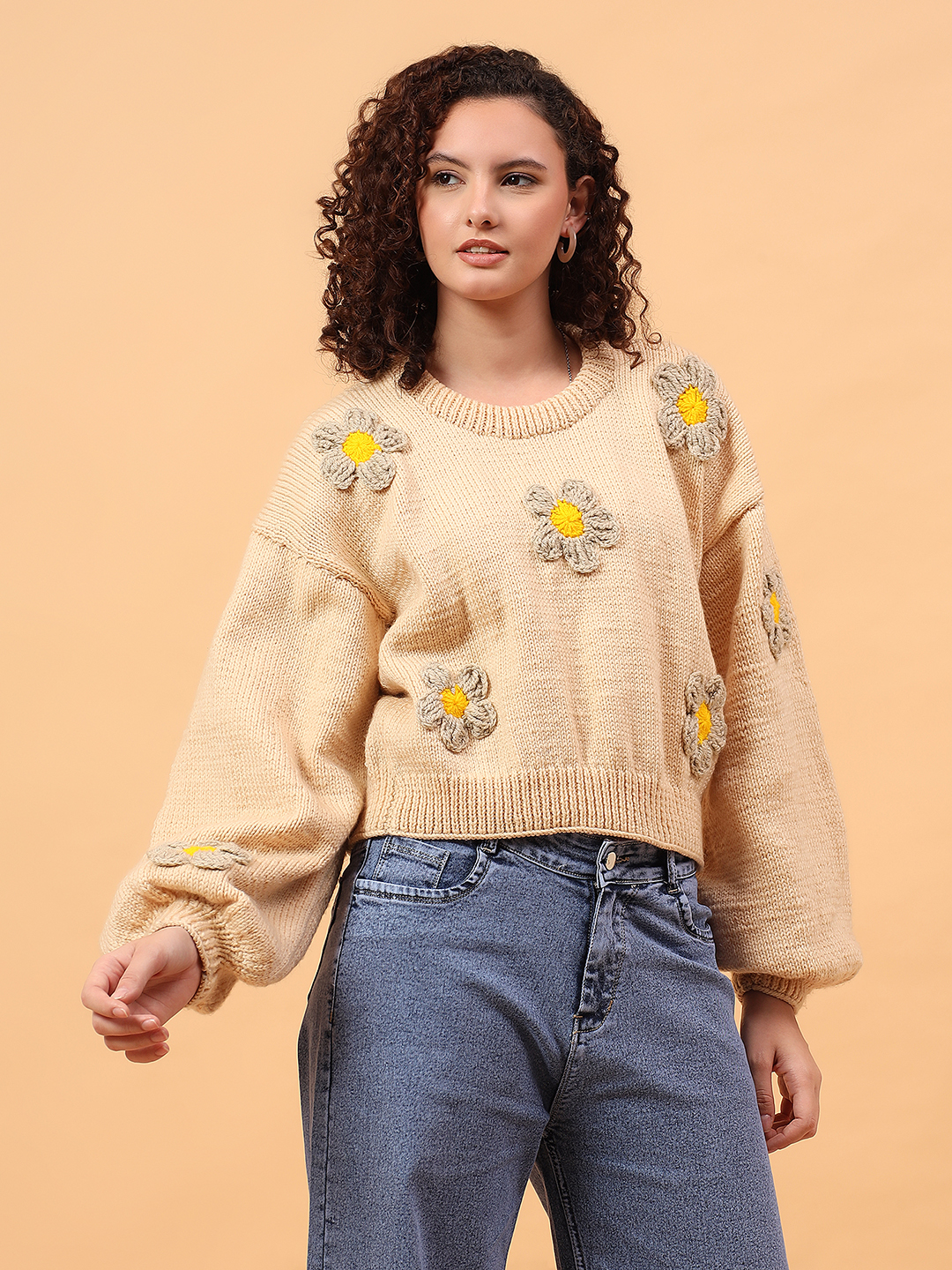 Velvery Floral Applique Sweater - Beige