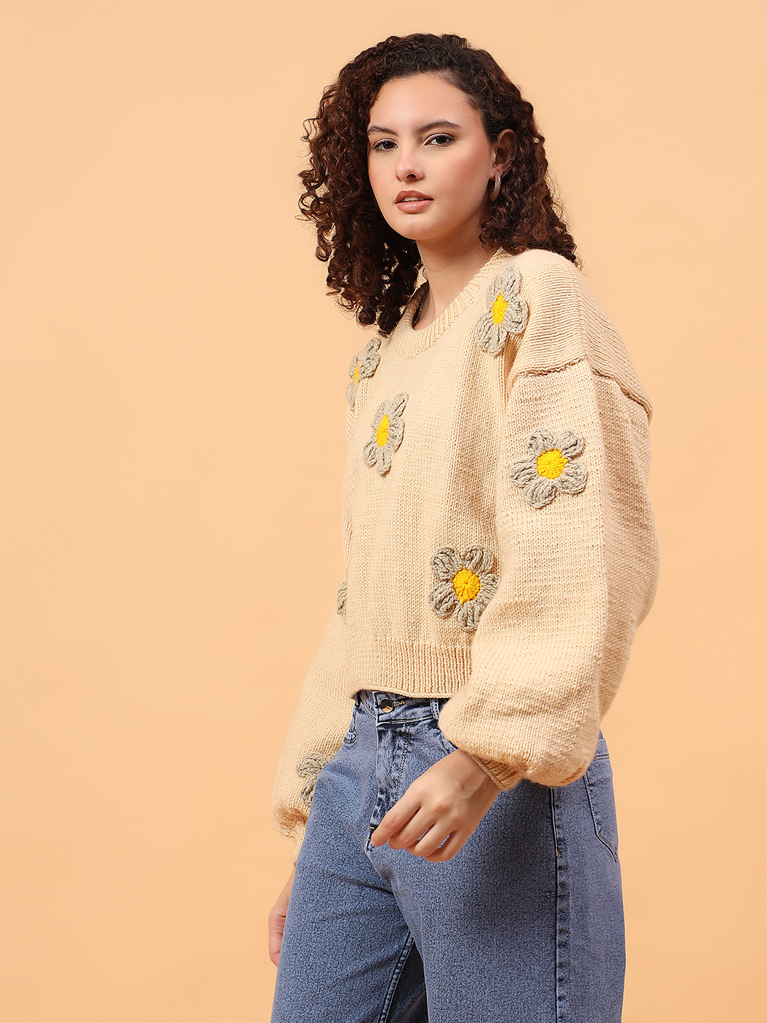 Velvery Floral Applique Sweater - Beige