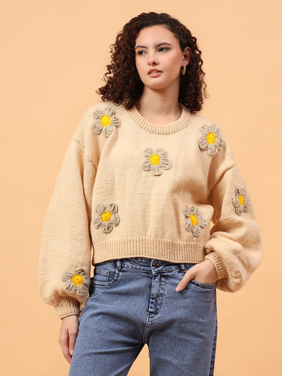 Velvery Floral Applique Sweater - Beige
