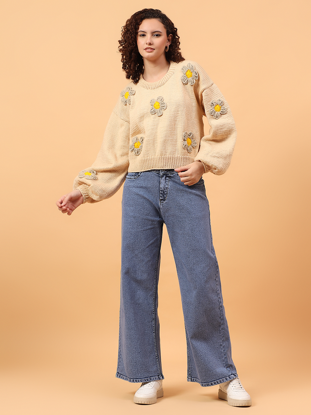 Velvery Floral Applique Sweater - Beige